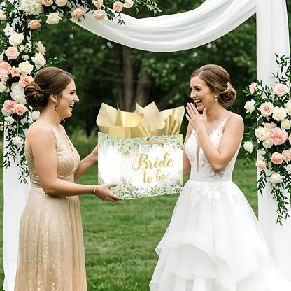 Woosytoo Large Bridal Shower Square Gift Bags Sage Green Bride Gift Bag with Tissue Paper Bridal Wrapping Paper Bachelorette Engagement Wedding Shower Favor Bag for Bride to Be Party Decoration