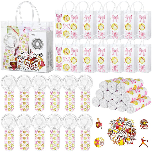Tujoe 36 Pcs Softball Pink Bows Party Favors 40" x 12" Cooling Towel Portable Handheld Fan with Lanyards Clear Gift Bag with Handles and Stickers for Sport Team Gift, Battery Not Include