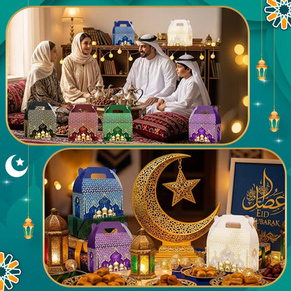 FunooFuno 12 Pcs Ramadan Eid Treat Box Mubarak Gift Box Castle Star Moon Lantern Ramadan Mubarak Goodie Candy Paper Bag for Muslim Eid Al Fitr Party Supplies