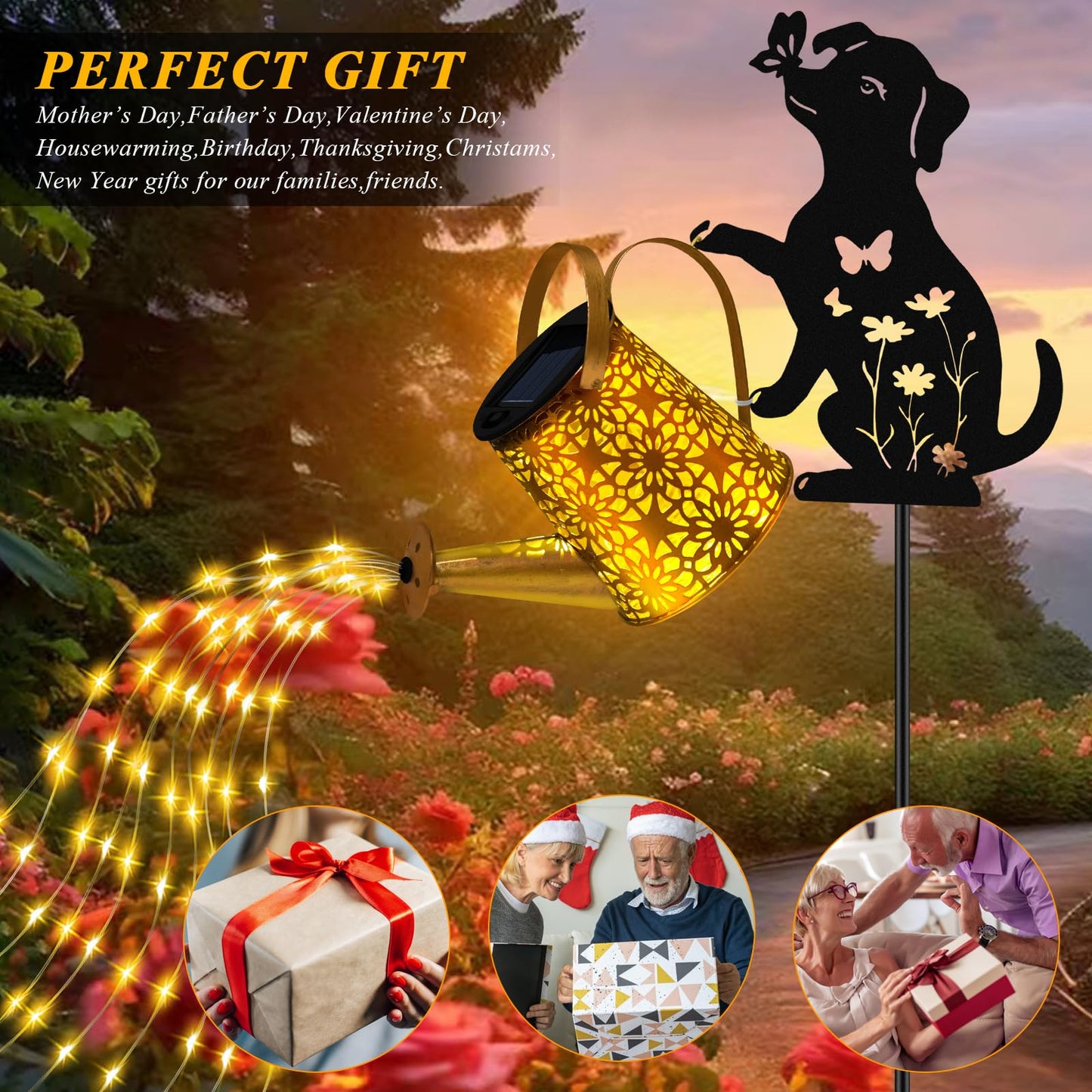 Solar Lights Outdoor Decorative, Watering Can with Cascading Lights, with Dog Silhouette Garden Stakes, Gifts for Mom Women, Waterproof Metal Garden Decor for Yard Art, Outside(1 Pack)