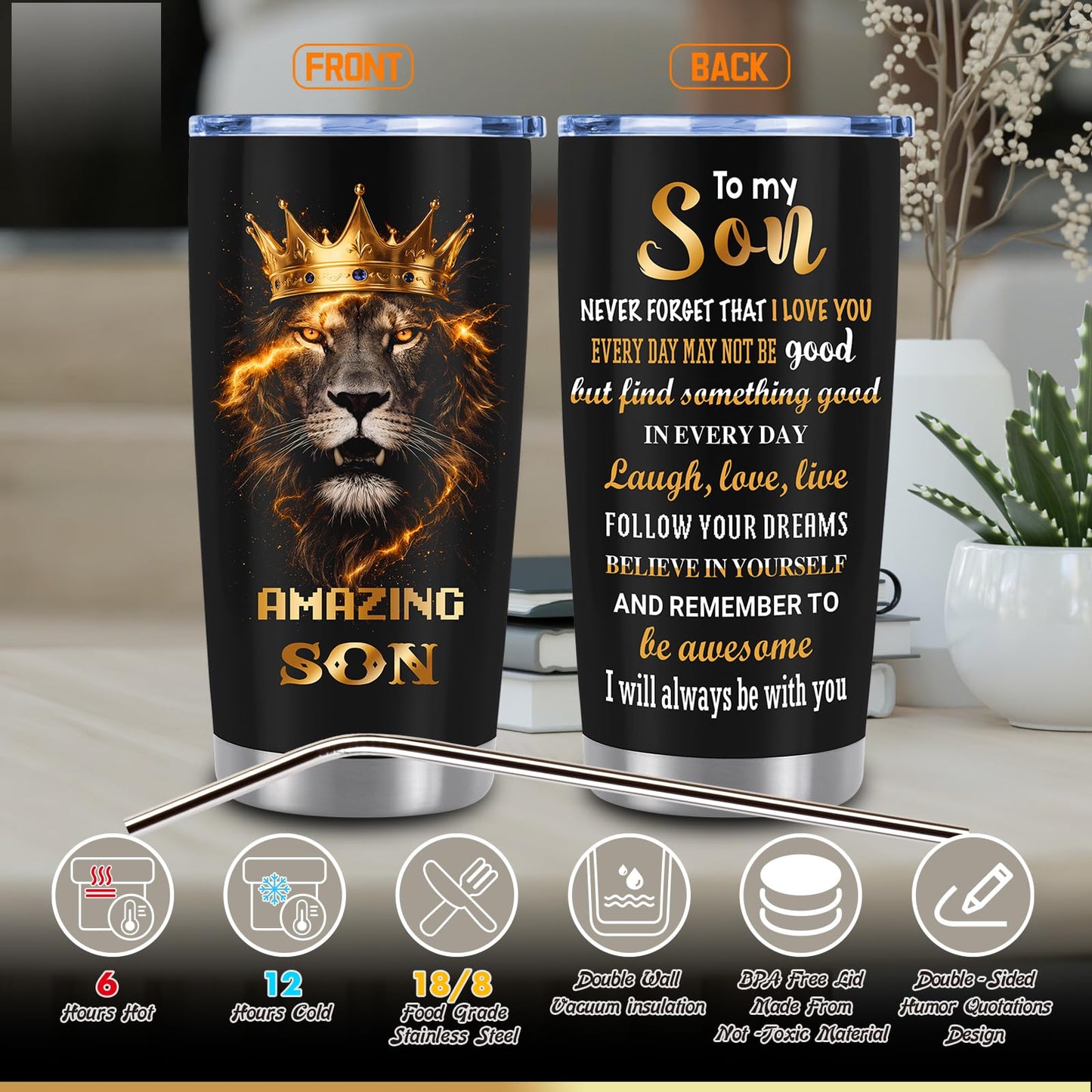 10 PCS Son Gifts from Mom with 20 Oz Tumbler, Leather Journal, Acrylic Desk Plaque Sign, Socks, Bracelet, Birthday Graduation Father's Day Christmas Valentines Day Gifts for Teens Adult Grown Son