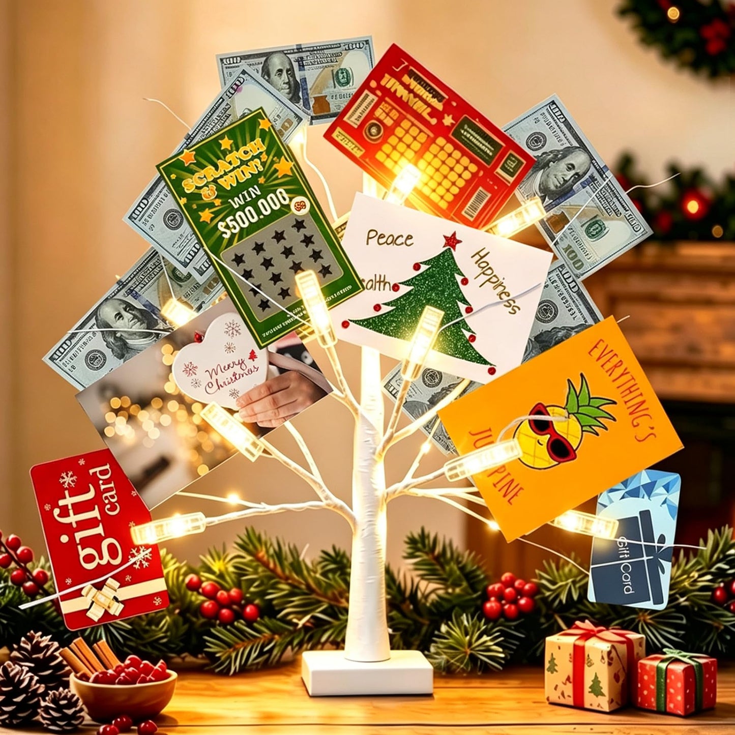 Money Tree Gift Holder, 2FT 24 LED Birch Tree with 12 Clear Clips, Battery Powered Lighted Display Card Trees for Christmas,Wedding, Photo Memo, Birthday Graduation（White）