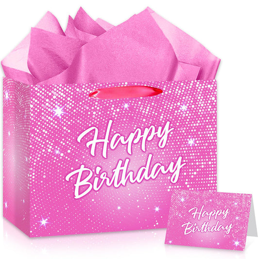 Shiny Pink Birthday Gift Bag for Lady Girls Large Hot Pink Happy Birthday Gift Bag with Tissue Paper and Card Disco Shining Stars Goodie Wrapping Bag for Women Bday Anniversary Party Supplies