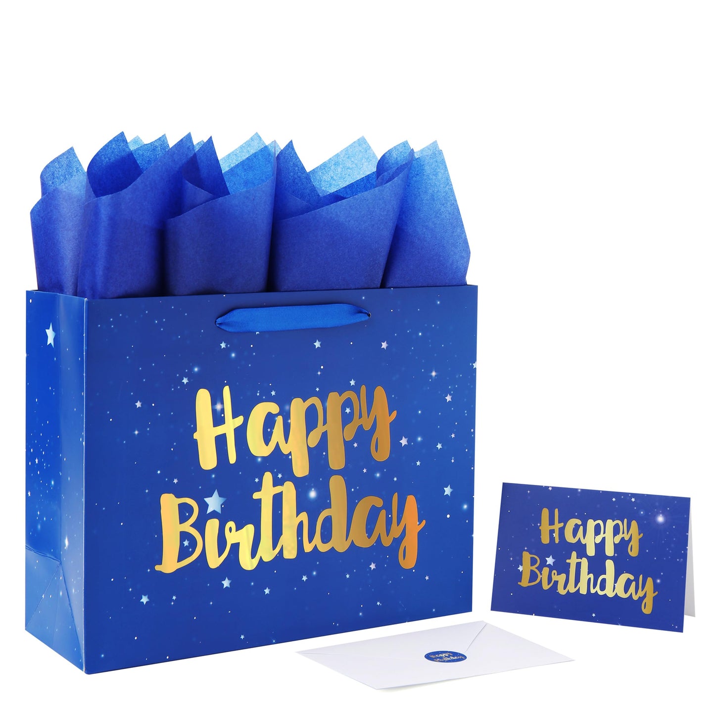 Qirrmiy 13" Large Blue Gift Bag Set with Greeting Card and Tissue Papers (Stars and Gold Foil‘Happy Birthday’) for Men's or Boys, Girls or Kids, Baby, Husband, Father