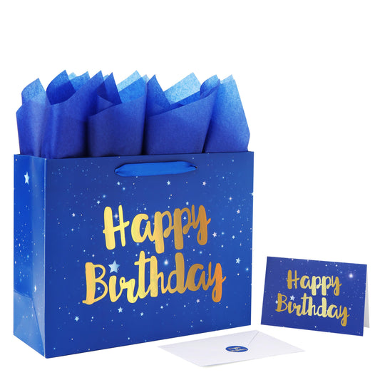 Qirrmiy 13" Large Blue Gift Bag Set with Greeting Card and Tissue Papers (Stars and Gold Foil‘Happy Birthday’) for Men's or Boys, Girls or Kids, Baby, Husband, Father