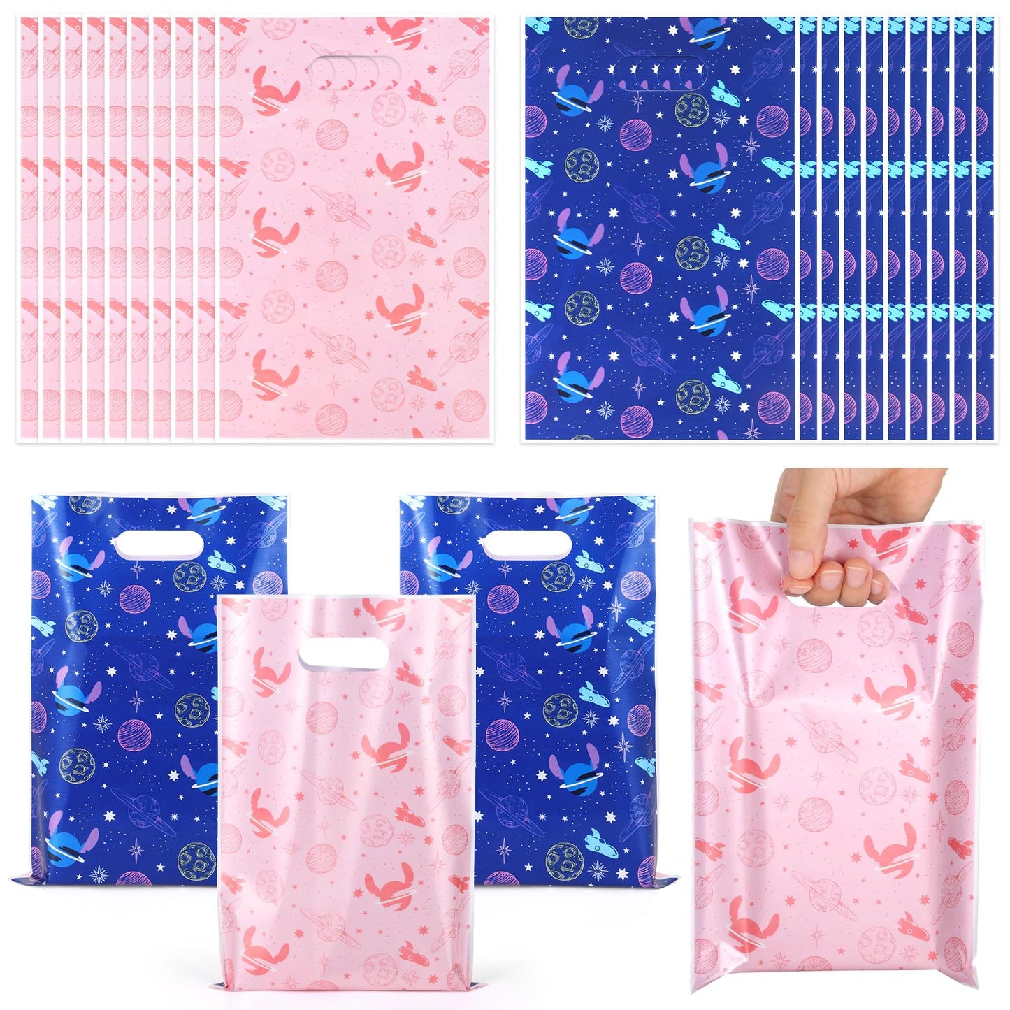 Czlotyh 50 PCS Cartoon Themed Party Favor Bags Plastic Birthday Goodie Bags Blue Pink Candy Bags for Holiday Birthday Party Gift Giving Decorations