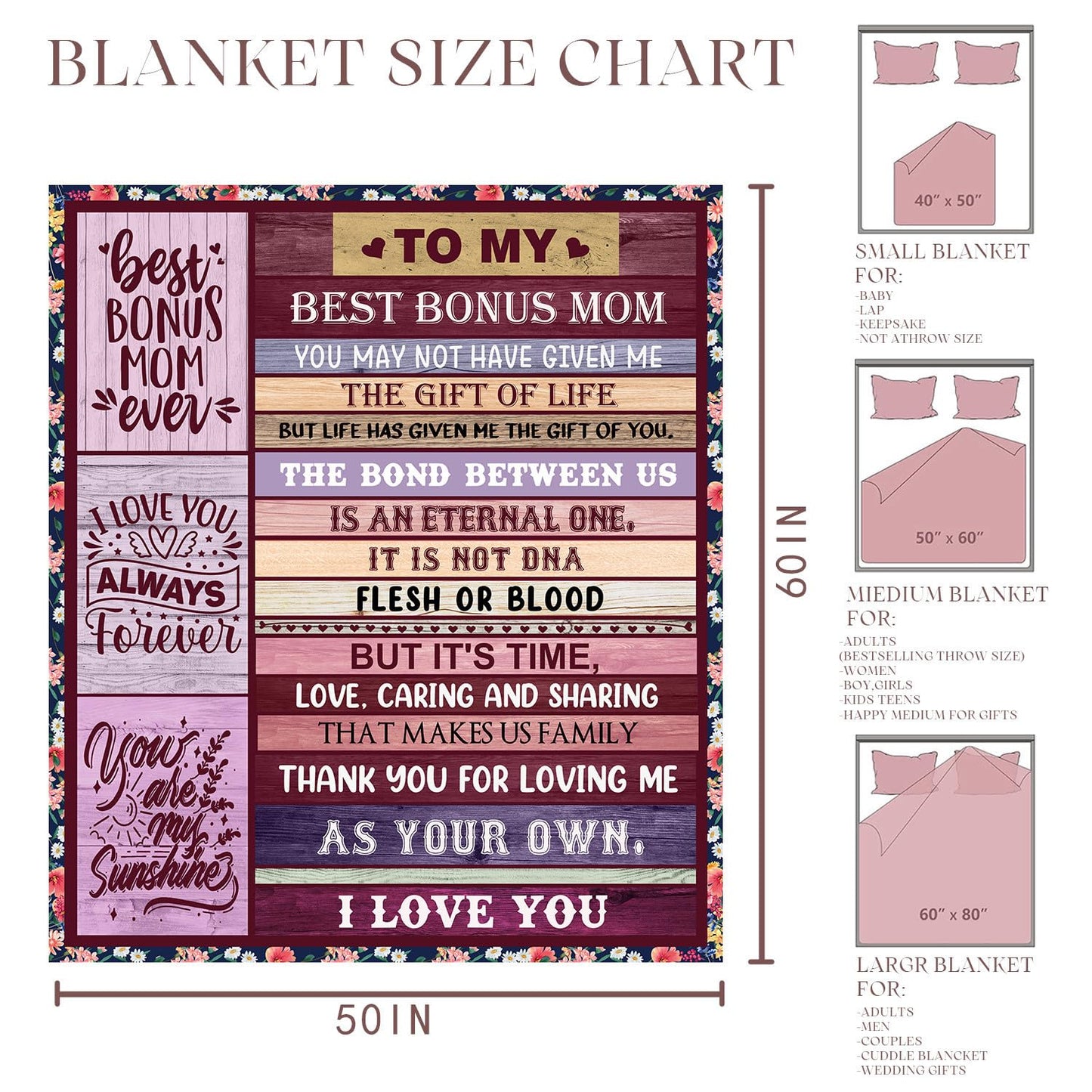 Gifts for Bonus Mom from Daughter, Bonus Moms Blanket Birthday Gifts from Son Mothers Day Christmas Bday Presents for Mother in Law Step Mom Stepmom 50" X 60"
