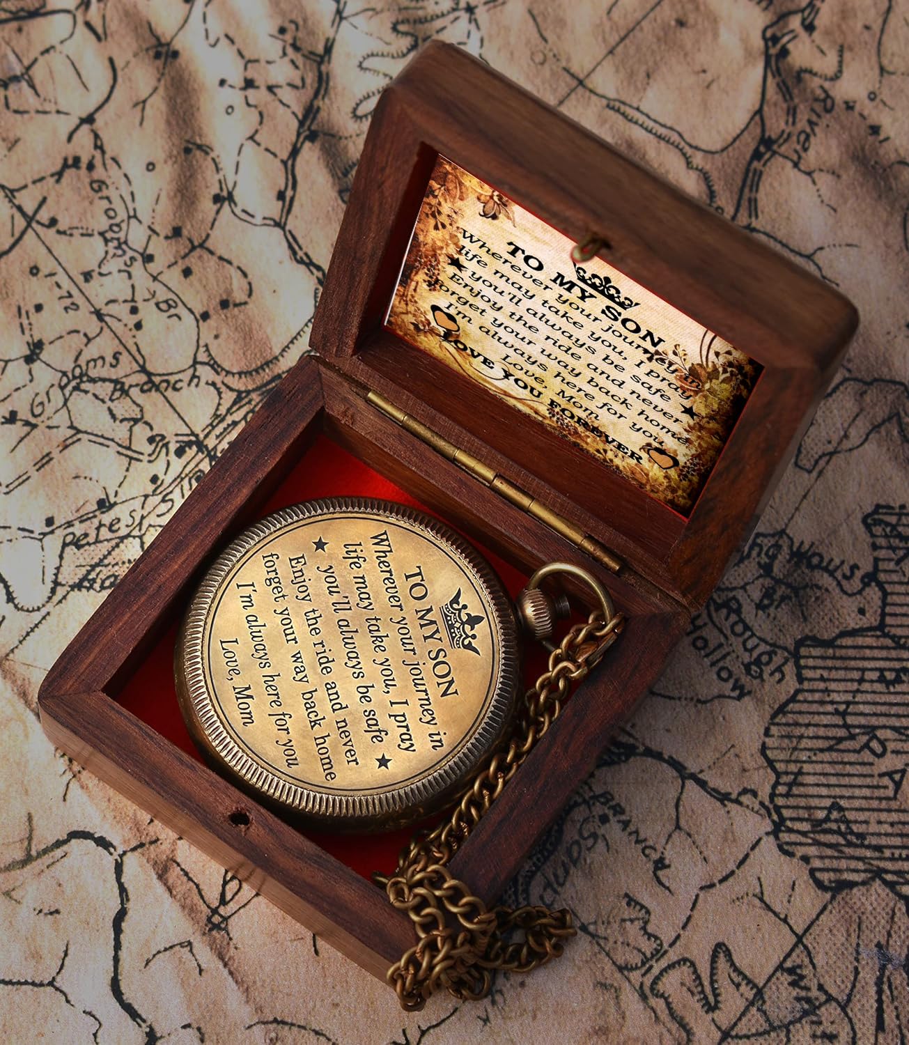 to My Son Compass with Wooden Box-Mom to Son Compass–Father to Son Gifts- to My Grandson -Graduation Day Gifts for Son-Birthday, Baptism, Graduation, Confirmation, Communion Compass for Women Men