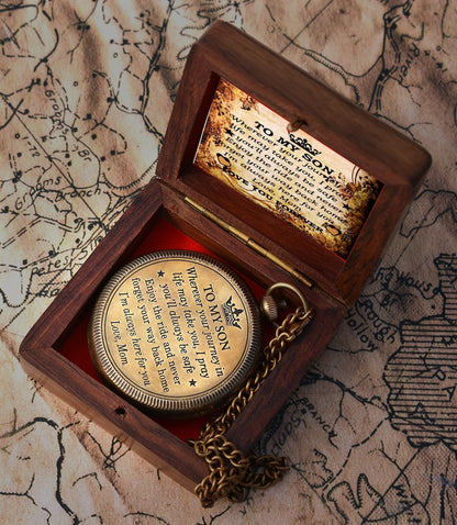 to My Son Compass with Wooden Box-Mom to Son Compass–Father to Son Gifts- to My Grandson -Graduation Day Gifts for Son-Birthday, Baptism, Graduation, Confirmation, Communion Compass for Women Men