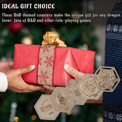 DND Decorative Wood Coasters Cool & Unique Table Mug Cup Mats Laser Engraved with Dragon, D20 and Cthulhu (Set of 5)