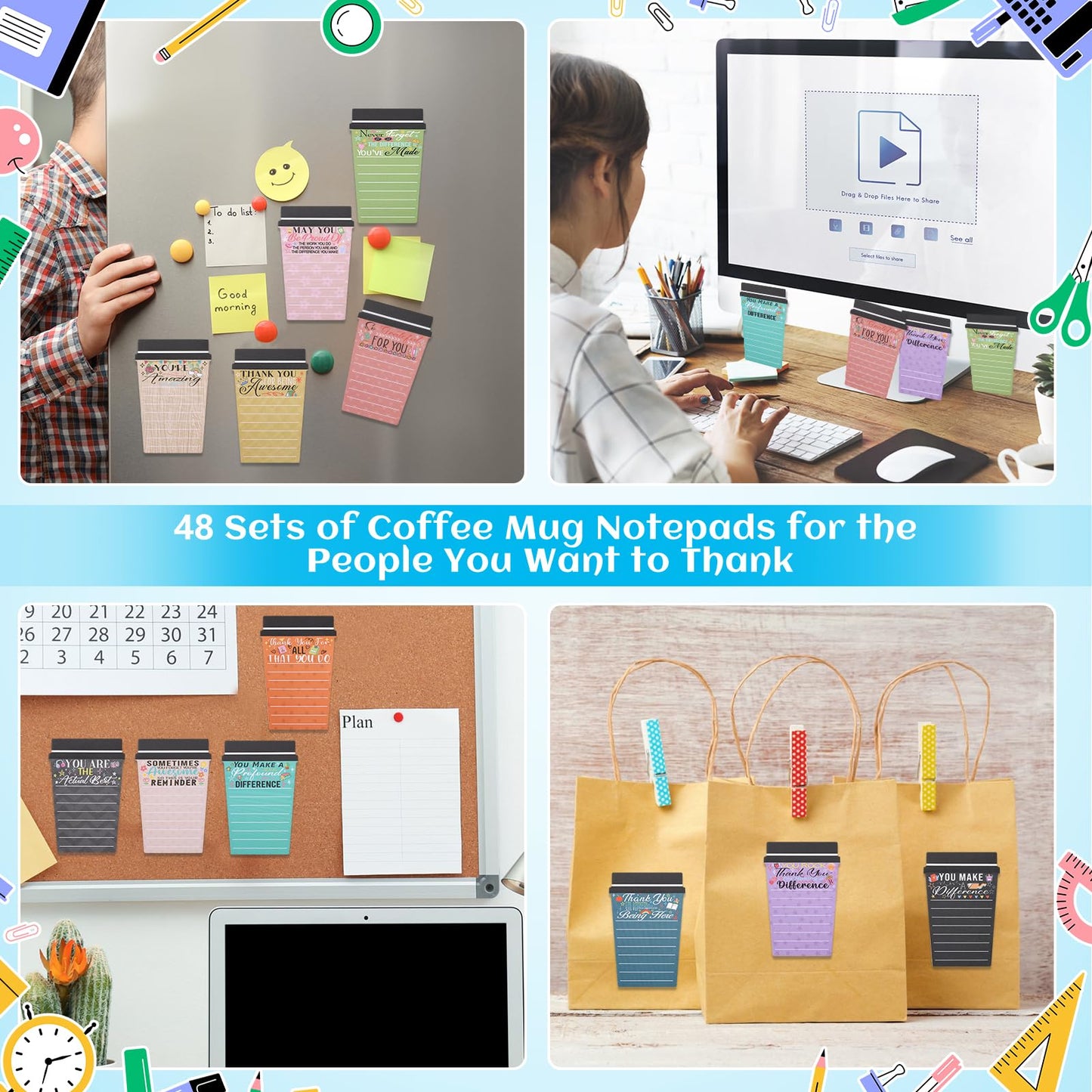 Mkway 48 Set Employee Appreciation Gifts Bulk Team - 48Pack Coffee Cup Notepad+48 Ballpoint Pens+ 48 Drawstring Gift Bags, Bulk Gifts for Coworkers/Staffs/Teachers/Christmas