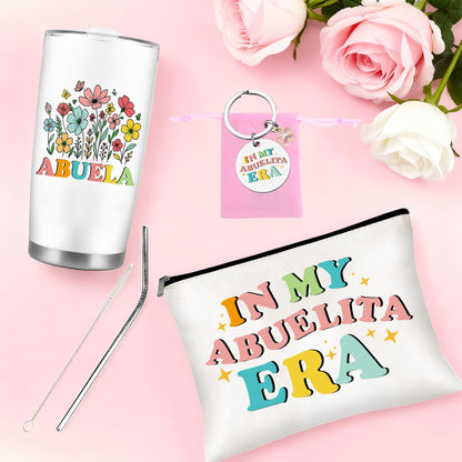 Abuela Gifts Set, Floral Abuelita Tumbler with Straw Cosmetic Bag Keychain Bracelet Set, Regalos para Abuela Gifts for Grandma from Grandkids, Mother’s Day Birthday Mexican Grandma Gifts