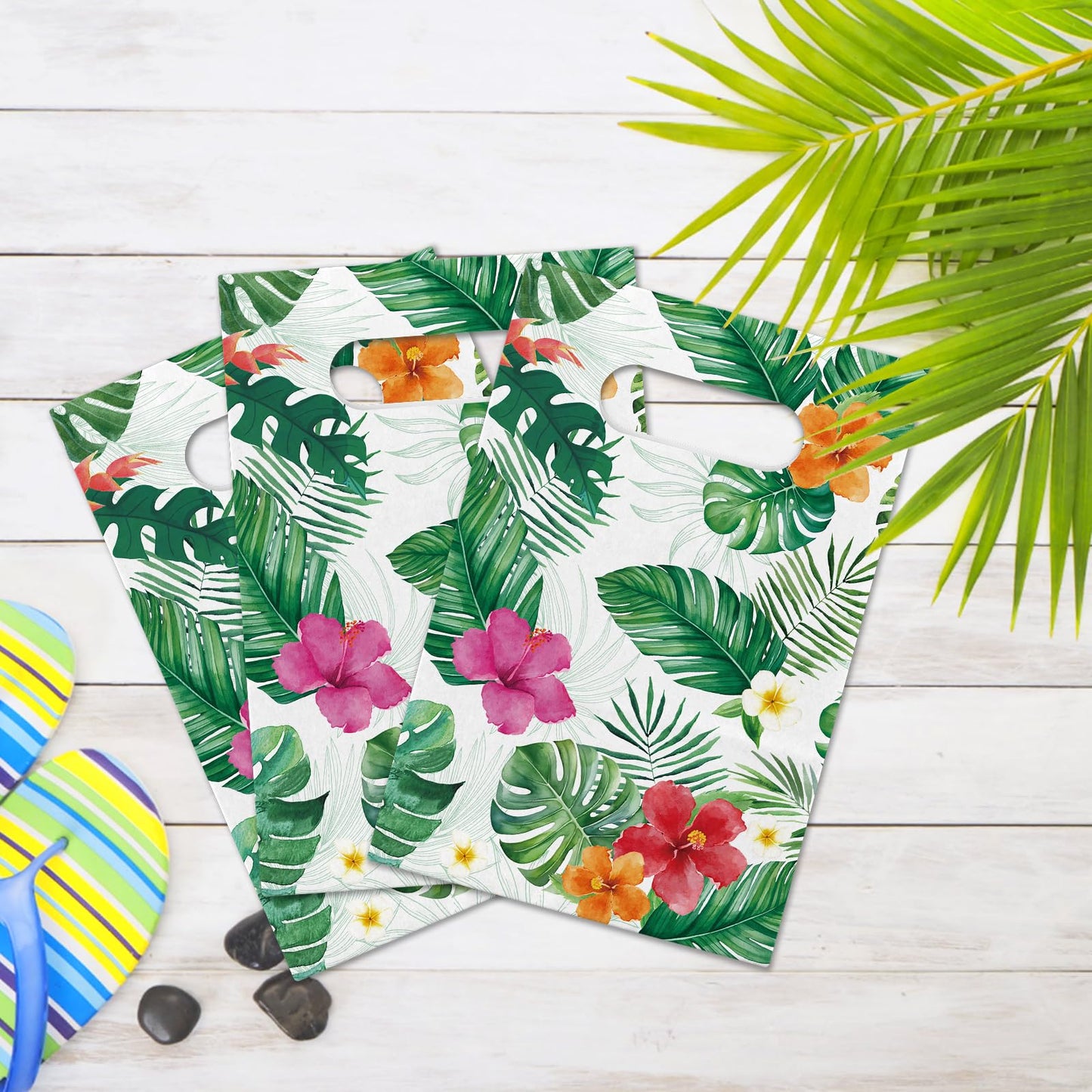 FRIDAY NIGHT 24 Pcs Luau Party Favor Bags Hawaiian Tropical Gift Bags with Handles White Paper Treat Bags Monstera Leaf Floral Design for Summer Birthday Decorations