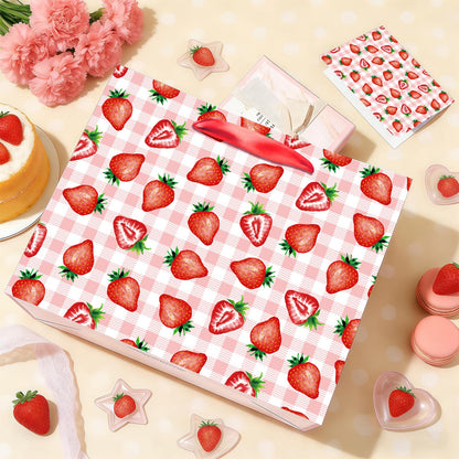 Strawberry Gift Bag with Red Tissue Paper & Card Pink Gingham Plaid Gift Wrapping Bag - Berry Sweet Theme Party Supplies for Women Teen Girls 1st Birthday, Baby Shower, Bridal Shower Summer Picnic
