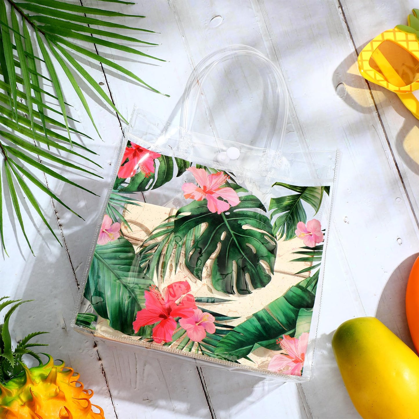 Aliceset 20 Pcs Clear Aloha Bags Hawaiian Luau Party Favors with Handles Summer Tropical Palm Leaves Goodie PVC Plastic Gift Bags for Summer Birthday Party Supplies, 8 x 8 x 3.15 Inch