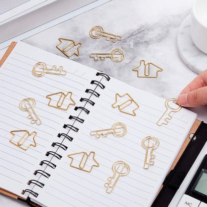 Gueevin 102 Pack Real Estate Agent Supplies, 50 House Shaped Paper Clips and 50 Key Shaped Wire Clips with 2 Clear Storage Boxes, Cute Office Gifts for Real Estate, Home, Classroom(Gold)