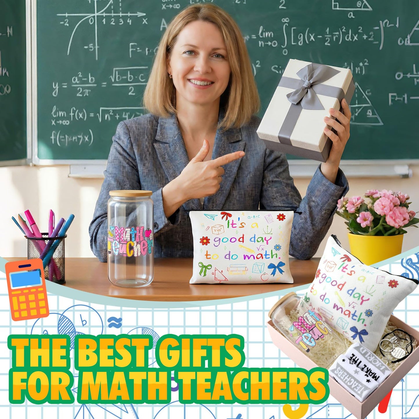 Remerry 7 Pcs Math Teacher Appreciation Gifts Include 16 oz Glass Cup Cosmetic Bag Socks Keychain Bracelet Card and Gift Box Ideas Thank You Basket for Math Teacher from Students