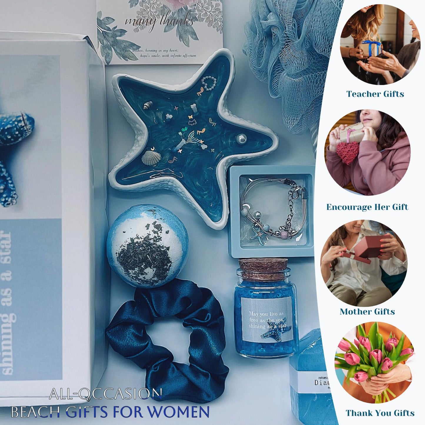 Beach Gifts For Women Thank You Gift Basket With Beach Bracelets Teacher Appreciation Gifts Set, Self Care Gifts For Womens Blue