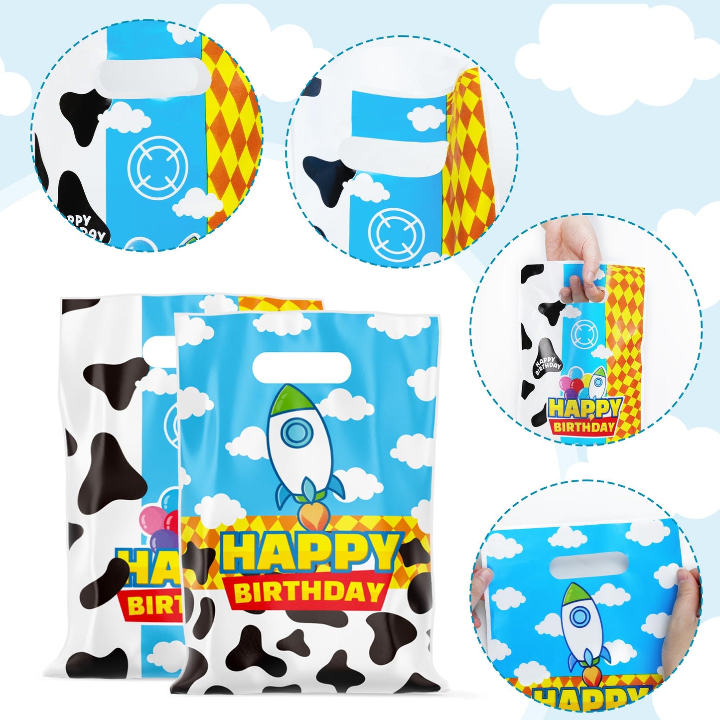 CHENRINDECO 50Pcs Cartoon Story Goodie Bags Cow Pattern Birthday Party Favor Bags Blue Sky White Cloud Plastic Bags with Handle for Toy Themed Birthday Party Supplies