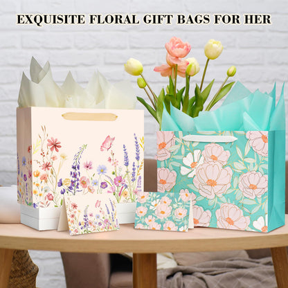 Miakutho 13" Large Gift Bag with Tissue Paper and Card (Floral Design, Gold Foil Accents), 2 Pack Paper Bags with Ribbon Handle for Girls & Women, Birthdays, Baby Shower, Weddings