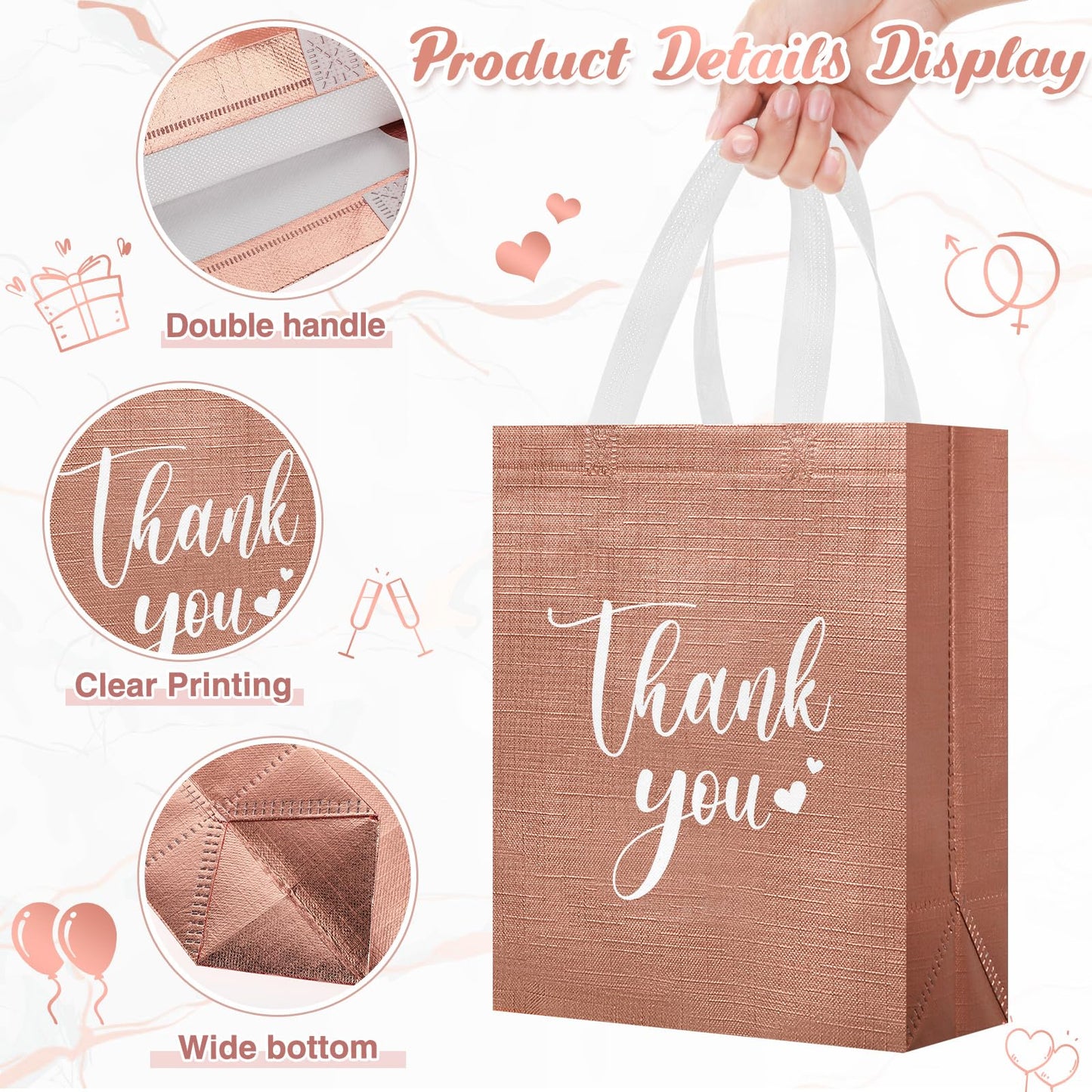 Sweetude 30 Pcs Thank You Gift Bags with Handles, Reusable Non Woven Foldable Goodie Bags Bulk for Graduation Teacher Appreciation Wedding Bridesmaid Favors(10 x 8 x 4 Inch,Rose Gold)