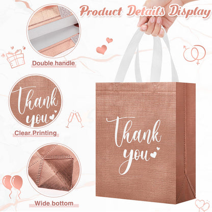 Sweetude 30 Pcs Thank You Gift Bags with Handles, Reusable Non Woven Foldable Goodie Bags Bulk for Graduation Teacher Appreciation Wedding Bridesmaid Favors(10 x 8 x 4 Inch,Rose Gold)