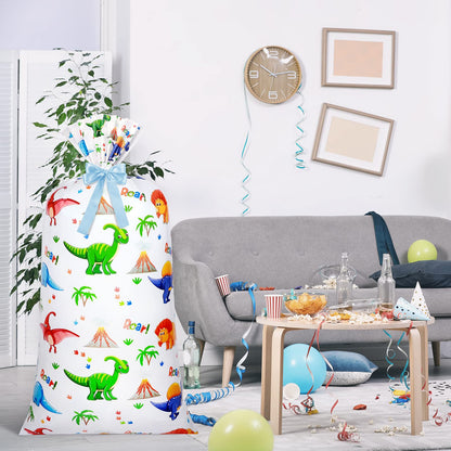 Teling 2 Pcs Large Dinosaur Plastic Gift Bags 70"x 40" Oversized Plastic Storage Bags with 2 Rolls Ribbons for Birthday Party, New Parents Shower, Bicycle Bike, Holiday