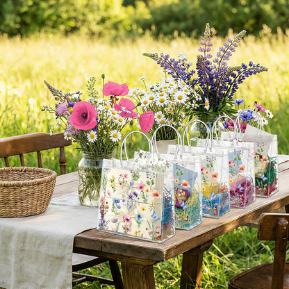 Resholder 24 Pcs Spring Floral Clear Gift Bags Wildflowers Goodie Bags with Handle 8 x 8 x 3.15 Inch Return Gift Wrap Tote for Guests Birthday Bridal Shower Wedding Tea Spring Summer Party Supplies