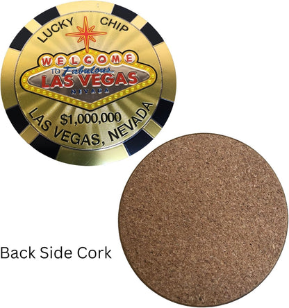 Las Vegas Casino Poker Chip Coasters – 4-Pack Cork-Backed Multicolor Drink Coasters Souvenir