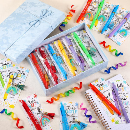 72 Pcs Teacher Appreciation Gifts Bulk End of the Year Teacher Gifts with Acrylic Rainbow Keychain Ballpoint Pen Thank You Cards for Teachers Office