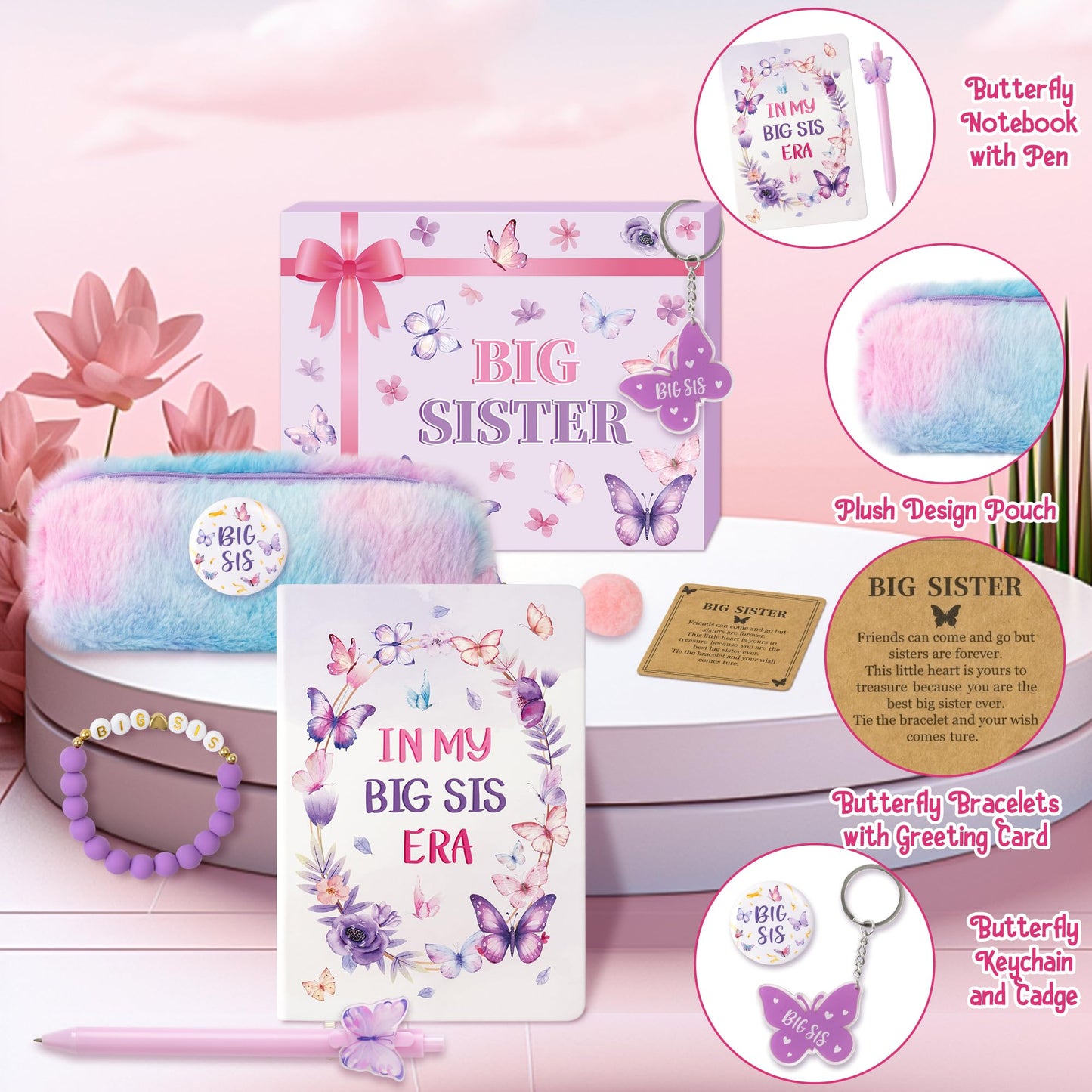 CY2SIDE Big Sister Gifts for Girls, 7PCS In My Big Sis Era Announcement Set Include Butterfly Notebook Pen Plush Pouch Keychain and Greeting Card, Charm Birthday Gifts for New Sibling Arrival Age 2-8