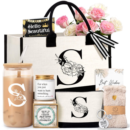 Birthday Gifts for Women, Monogrammed Initial Gift for Teacher Wife Mom, Tote Bag