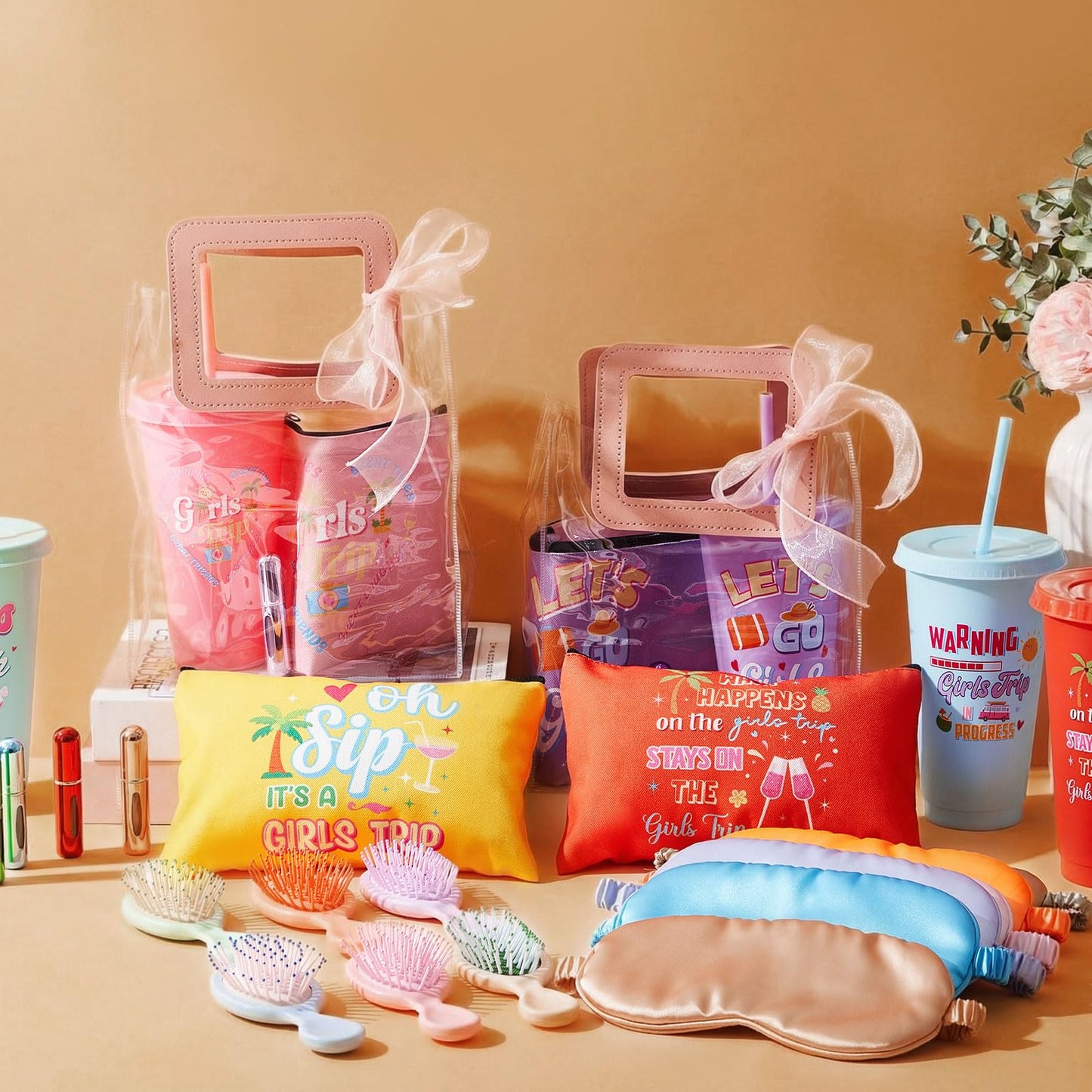 LemonRoad 6 Set/37 Pcs Girls Trip Gifts Plastic Tumbler Cup, Girl Weekend Gift Eye Masks Perfume Travel Bottle Cosmetic Bag Combs for Women Travel Friendship Wedding Bachelorette Party(Bright Color)