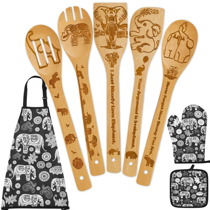Elephant Gifts for Women,8pcs Elephants Bamboo Cooking Utensil Spoons with Apron Oven Mitt Potholder,Personalized Elephant Gift for Mom,Housewarming Kitchen Decor,Easter,Birthday,Mother's Day