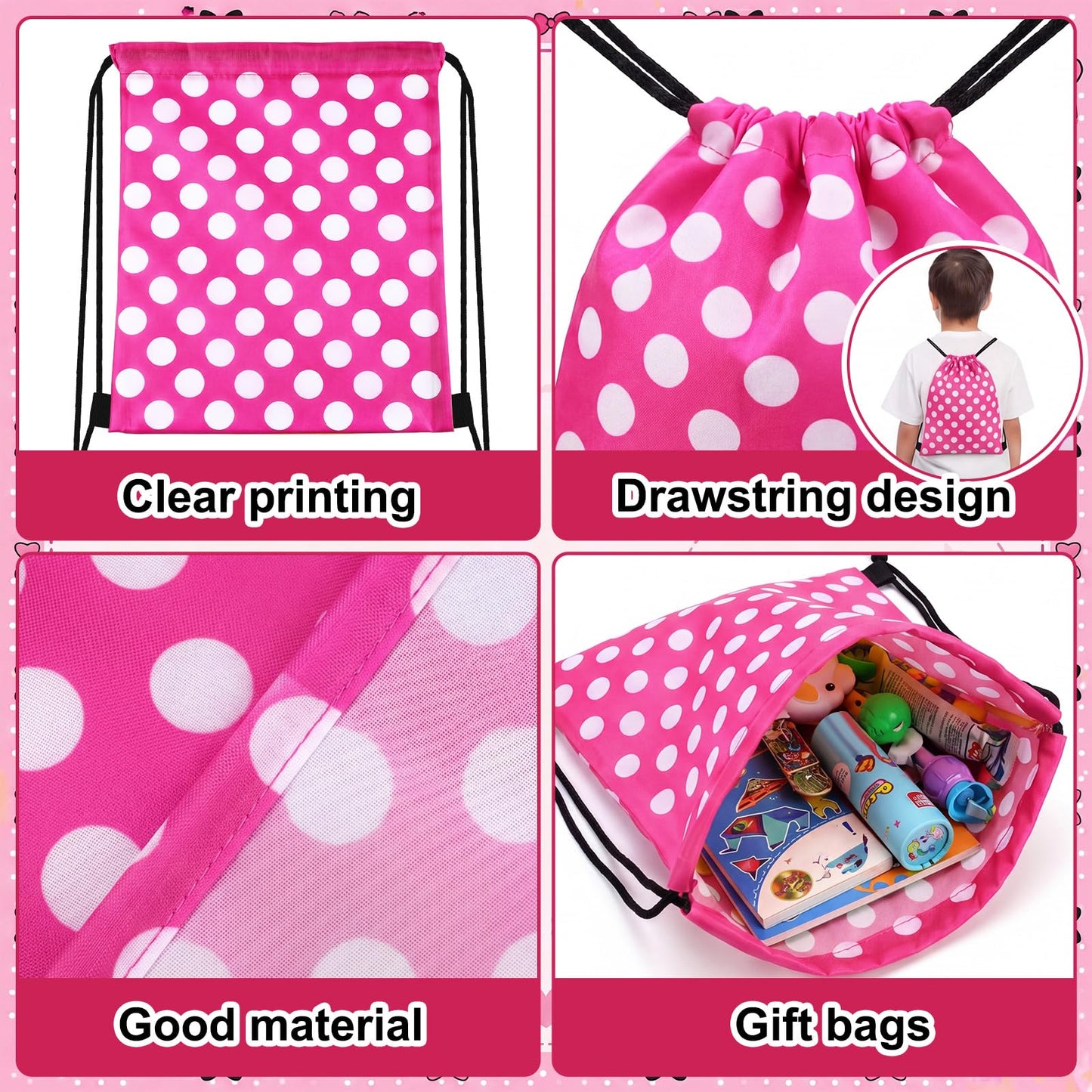 Aliceset 24 Pcs Cartoon Mouse Drawstring Bags Cartoon Birthday Party Favor Gift Goodie Treat Candy Bags Present Double Sided Gift Bag for Mice Birthday Baby Shower, 9.8 x 9.8 Inch(Pink Mouse)