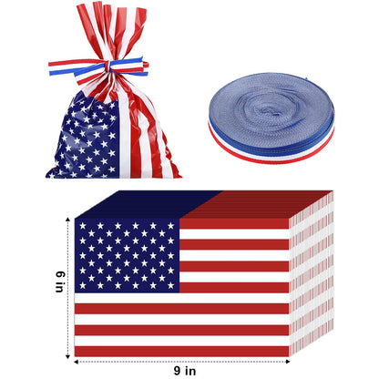 Tenare 100 Pcs Patriotic Gift Cellophane Bags Bulk Plastic Red White Blue American Favor Flag Cellophane Bags 4th of July Treat Goodie Candy Pouches with Ribbon for Veterans Party Favors