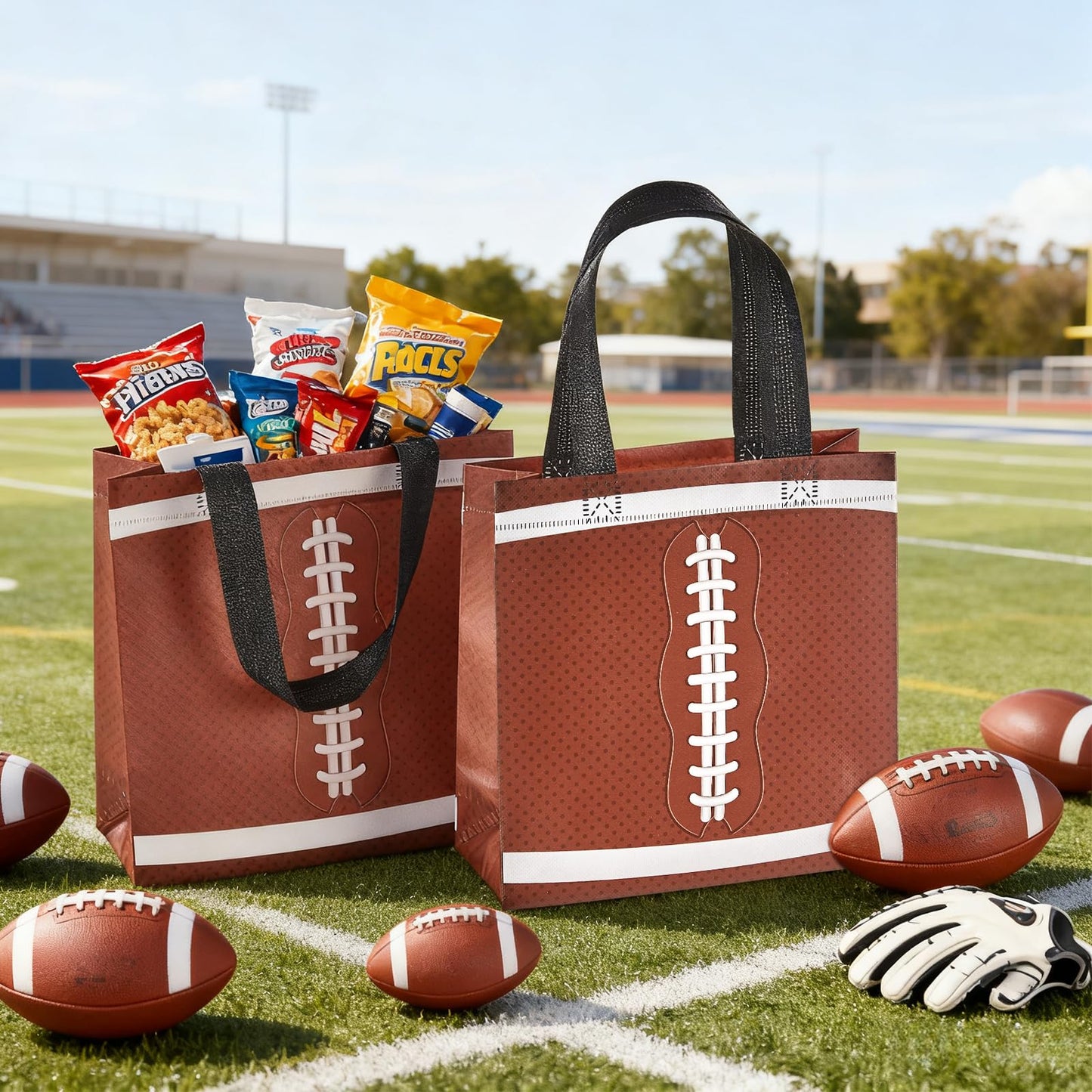 24Pcs Football Gift Bags With Handles Bulk Sport Theme Treat Candy Bags Football Team Present Non Woven Goodie Snack Favor Bag for Sport Boys Birthday Party Favor Baby Shower Decorations Supplies