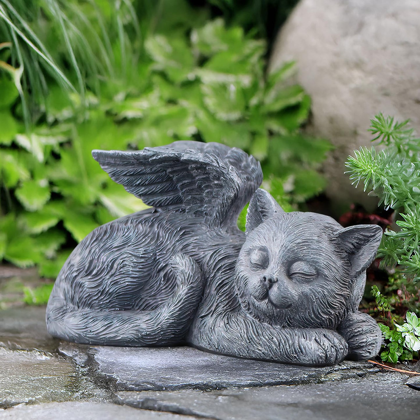 Sleeping Cat Memorial Statue – Resin Angel Wing Kitten Garden Grave Marker, Weatherproof Outdoor Pet Loss Sympathy Gift for Cat Lovers (4.7")