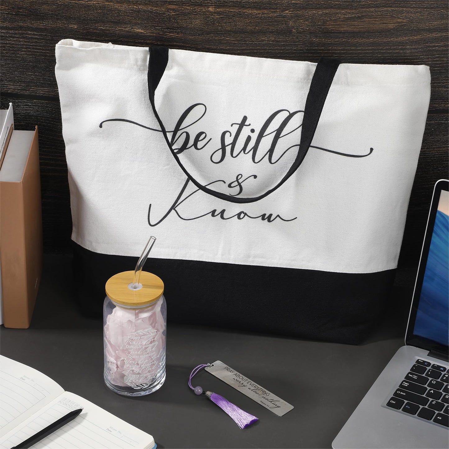 Hosuly 3 Pcs Mothers Day Christian Gifts for Women Set, Bible Verse Tote Bag, 16 oz Religious Glass Cup with Bookmark, Inspirational Faith Based Gift for Mom Sister Friend Birthday Church Gift