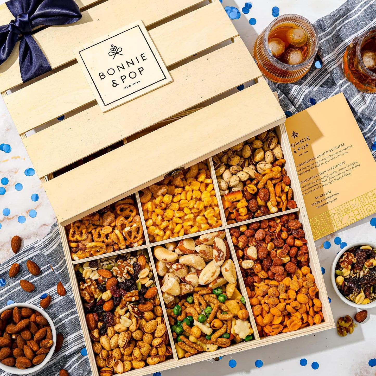 Christmas Nut Gift Basket | Healthy Holiday Gift of Assorted Nuts in Reusable Wood Crate | Large Variety Tray with Unique Flavors | Parties, Holidays, Birthday, Sympathy, Office, Thank You, Him, Her | Bonnie & Pop