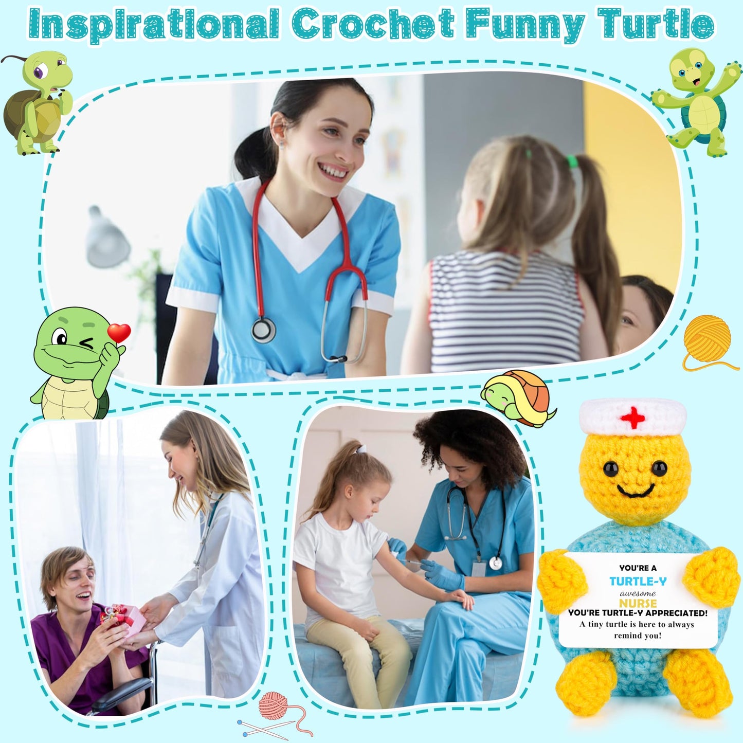 JoycuFF Nurse Graduation Gifts - Funny Turtle Nurses Appreciation Gifts for Women Men Thank You Nurse Week Gift Graduation Gift Handmade Emotional Positive Nurses Crochet