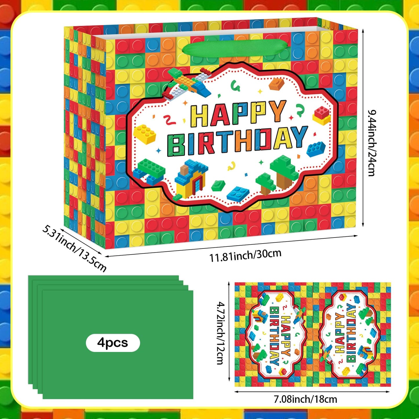 Abilat Building Blocks Birthday Gift Bag with Tissue Paper and Greeting Card Large Happy Birthday Gift Wrapping Bag for Kids Boys Girls Bricks Theme Party Decorations Supplies