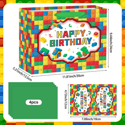 Abilat Building Blocks Birthday Gift Bag with Tissue Paper and Greeting Card Large Happy Birthday Gift Wrapping Bag for Kids Boys Girls Bricks Theme Party Decorations Supplies