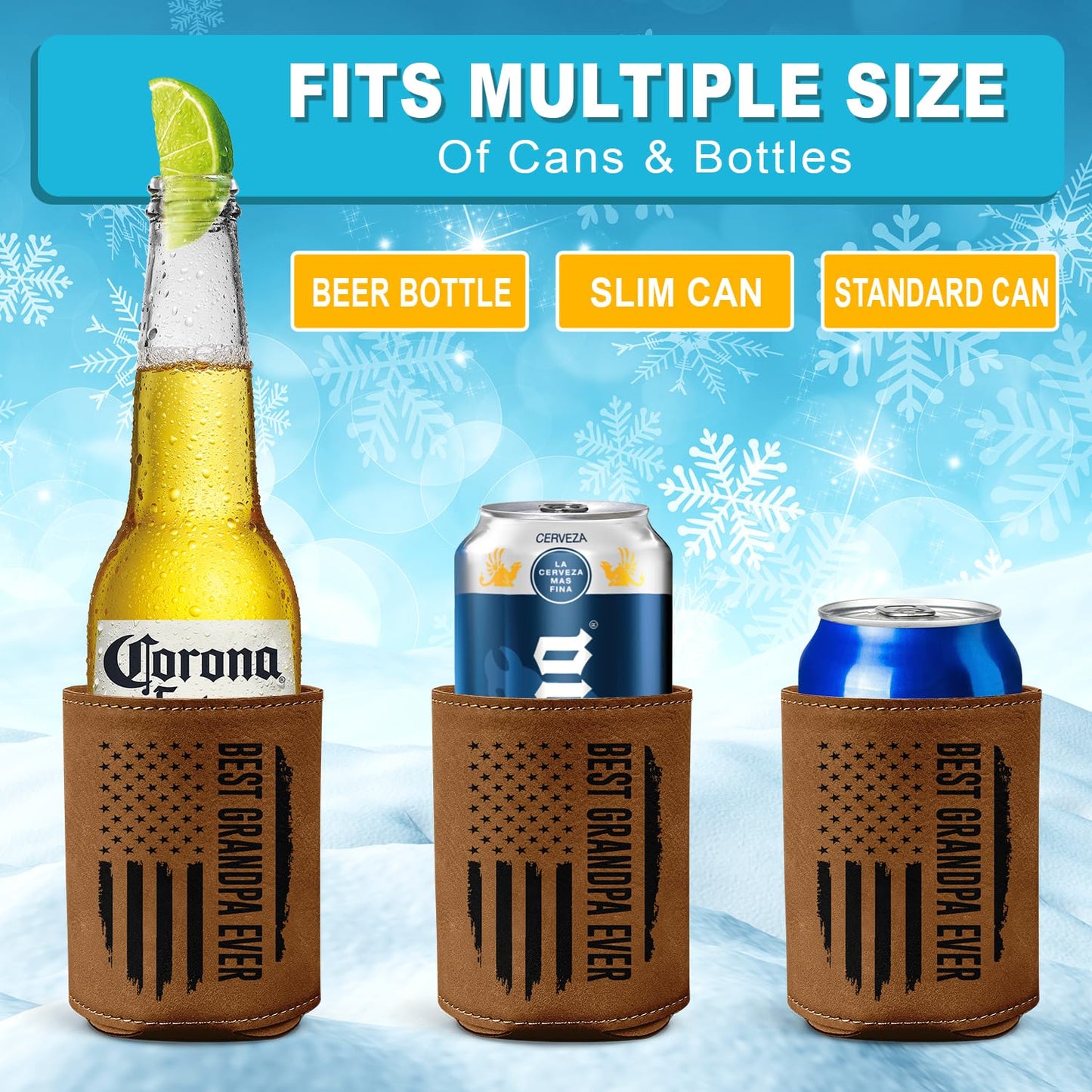 Best Grandpa Ever Gifts - Christmas, Birthday Gift For Grandpa From Granddaughter, Grandson, Kids - 12Oz Fit Collapsible Leather Beer Can Cooler Holder