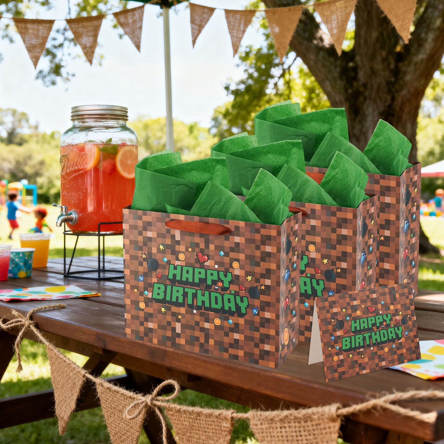 SAVITA Pixel Party Favors Bags, Pixel Theme Goodie Gift Bags Green and Brown Video Game Party Birthday Decorations with Greeting Card & Envelope for Candy Goody Treat Supplies Kids Bday Gifting