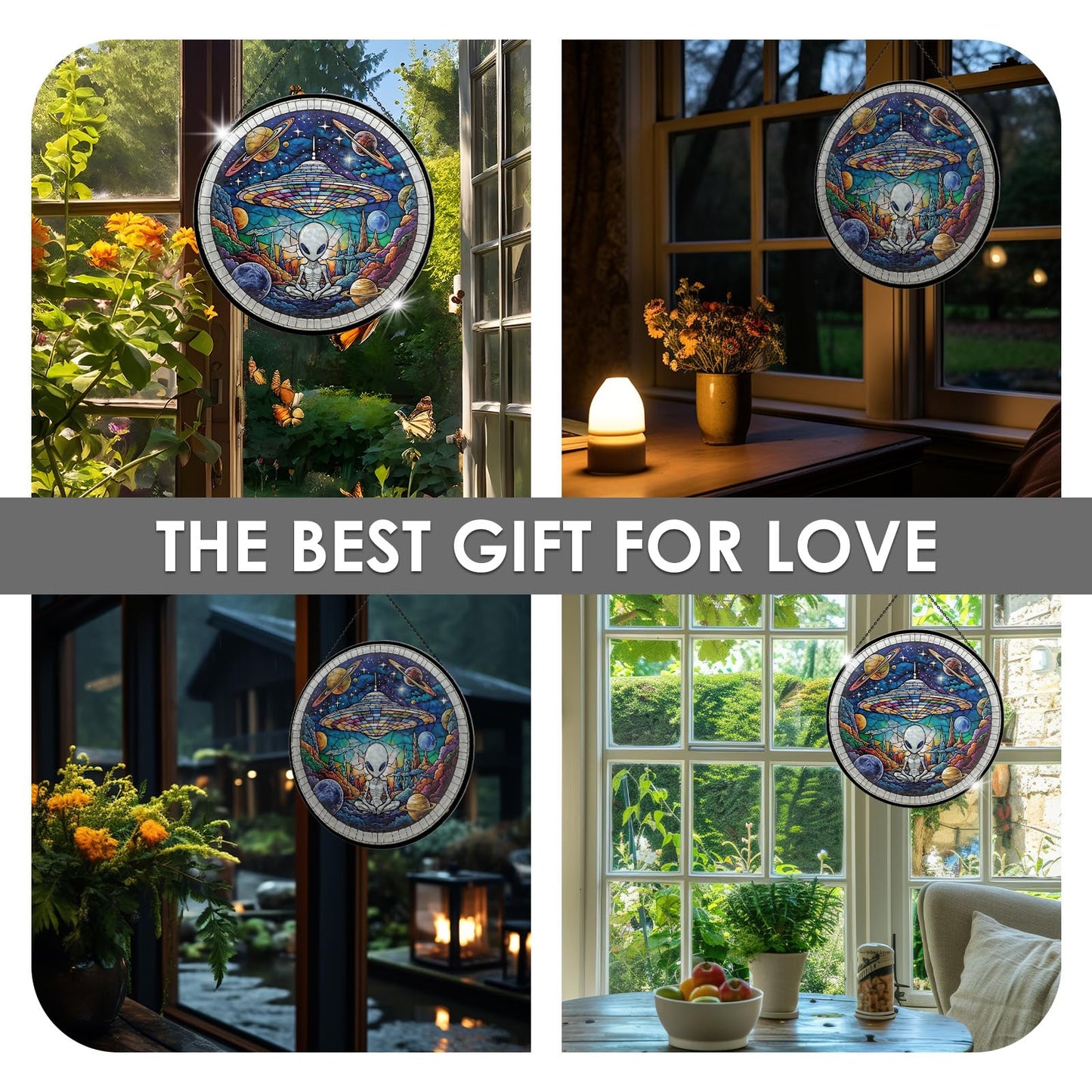 Alien Spaceship Stained Glass Window Hanging, 7.9" UFO Sun Catcher Glass Panel Boho Wall Art Decor, Hand Painted Round Ornament for Friends, Art Lover, Astronomer