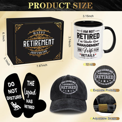 8 Pcs Retirement Gifts for Men 2026, The Legend has Retired Gift Ideas for Man Includes 11Oz Mug Cup Baseball Cap Socks Plaque Dice Keychain, Happy Retirement Gifts for Dad, Coworker, Boss, Teachers
