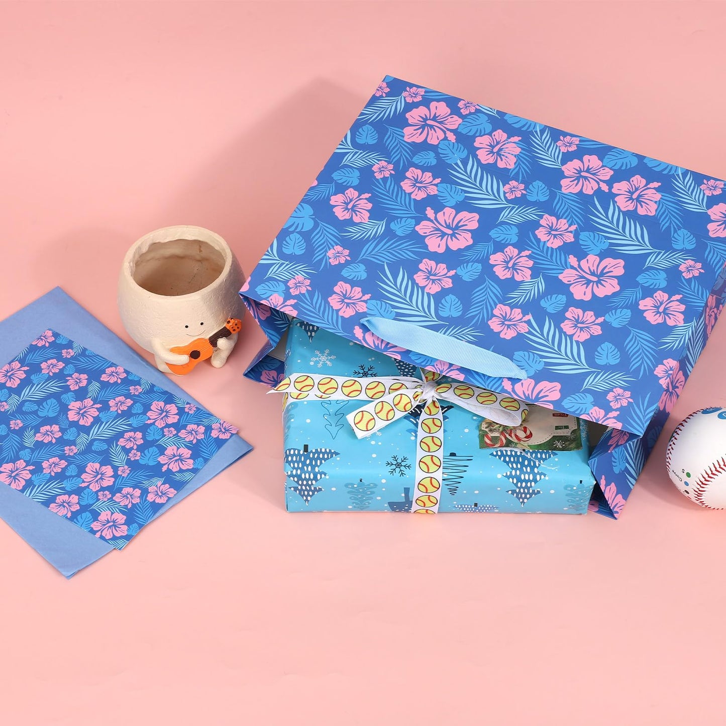 SAVITA Cute Hawaii Gift Bag Set, Blue & Pink Cartoon Party Favors Gift Goodie Bag Set with 3 Tissue Paper Envelopes Greeting Birthday Cards Hawaiian Favor Wrap for Baby Shower Holiday Party Supplies