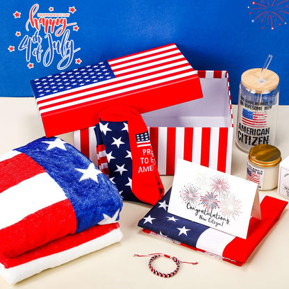 Nuanchu 8 Pcs New Us Citizenship Gifts American Flag Gifts Set with Citizen Glass Candle American Flag Blanket Sock Bandana Bracelet Patriotic Gift Box Congratulations Card for Veterans