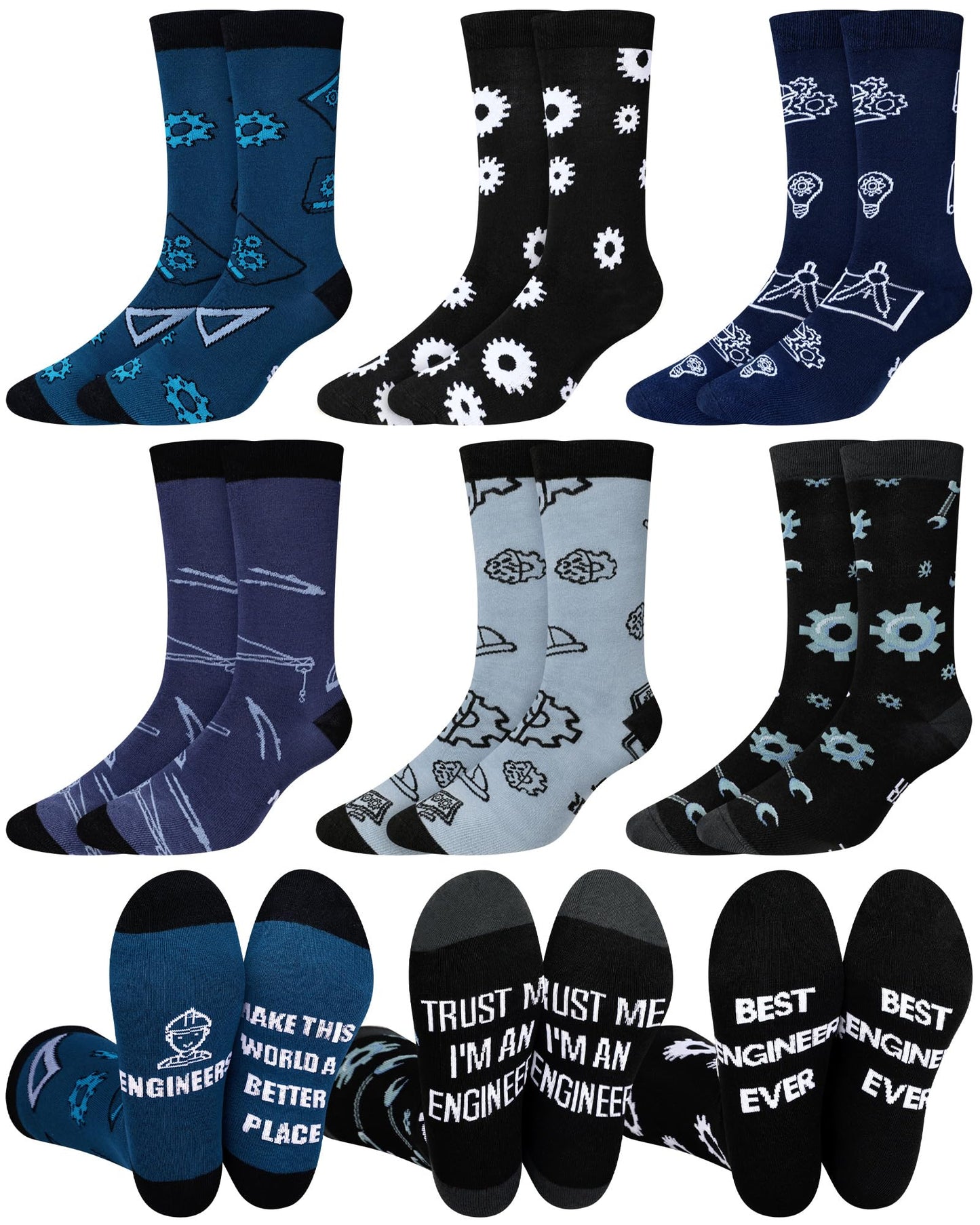 Eurzom 6 Pairs Men's Novelty Engineering Socks Funny Cotton Crew Dress Socks Birthday Father's Day Gift for Engineer Dad Grandpa